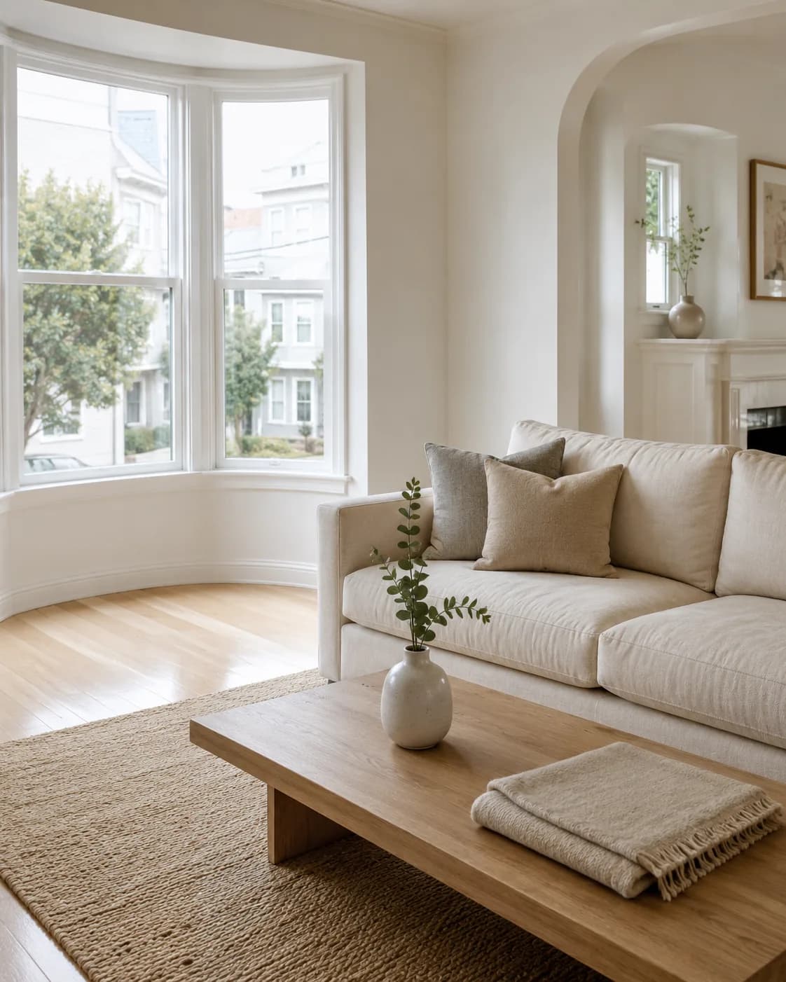 Sunlit living room in a San Francisco home after a professional cleaning, with clear surfaces and neatly arranged cushions