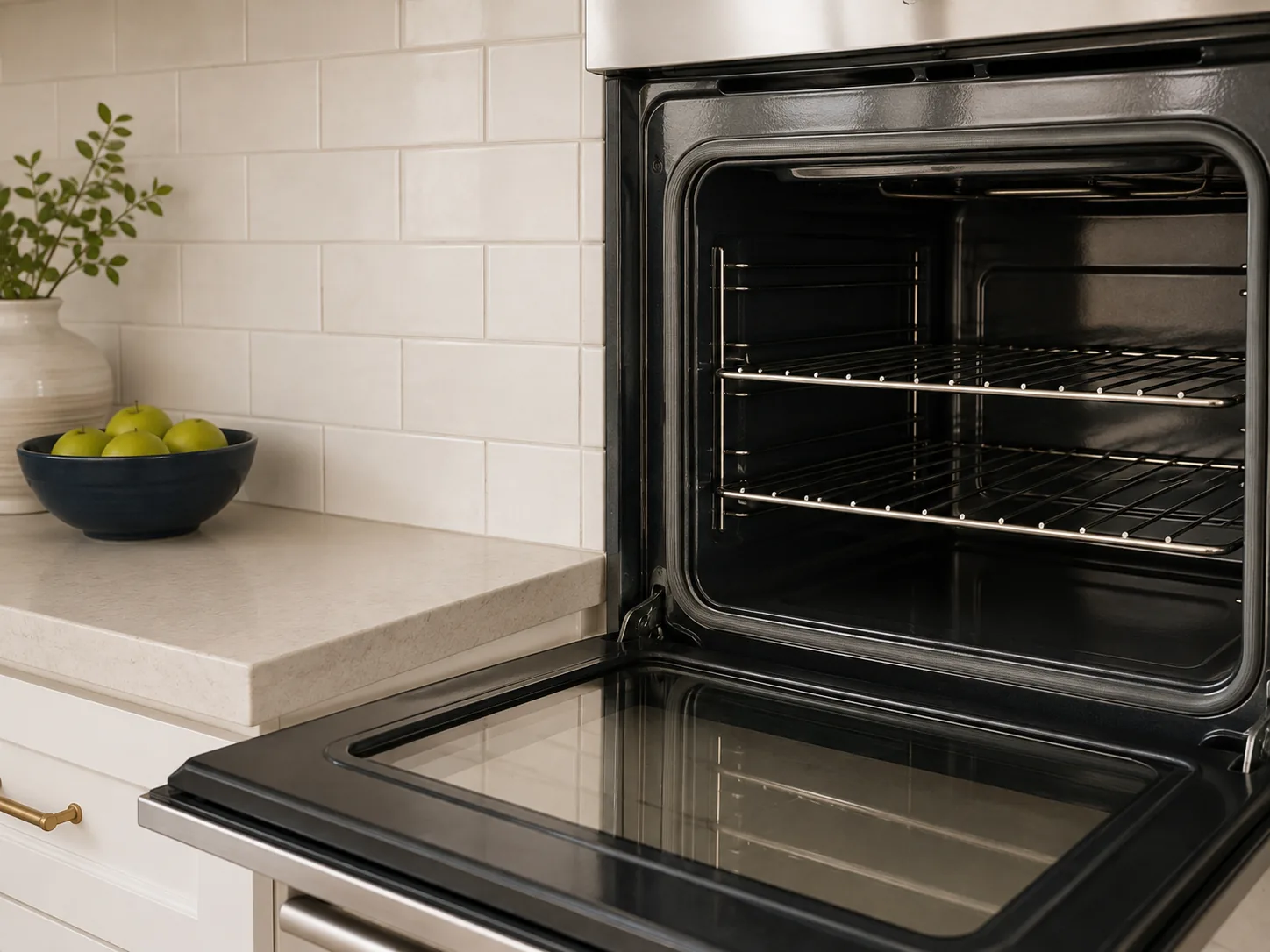 Close-up of a spotless oven interior and scrubbed tile grout during a deep cleaning in a San Francisco kitchen