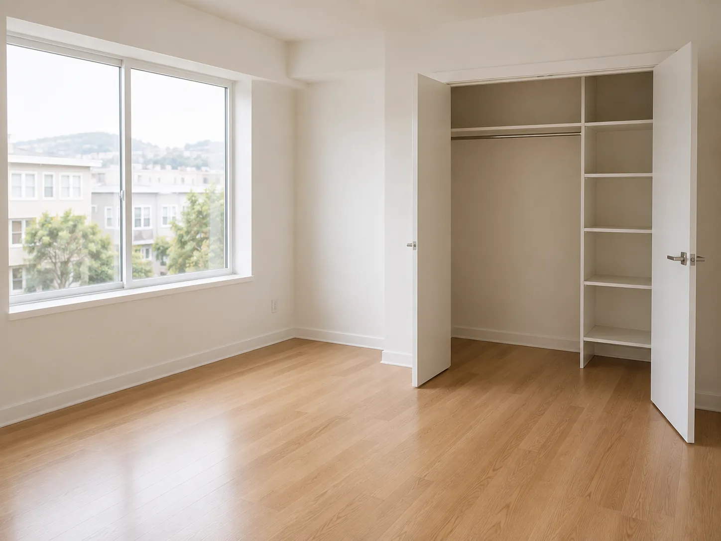 Empty apartment with bare floors and open closets being cleaned before a move-out inspection