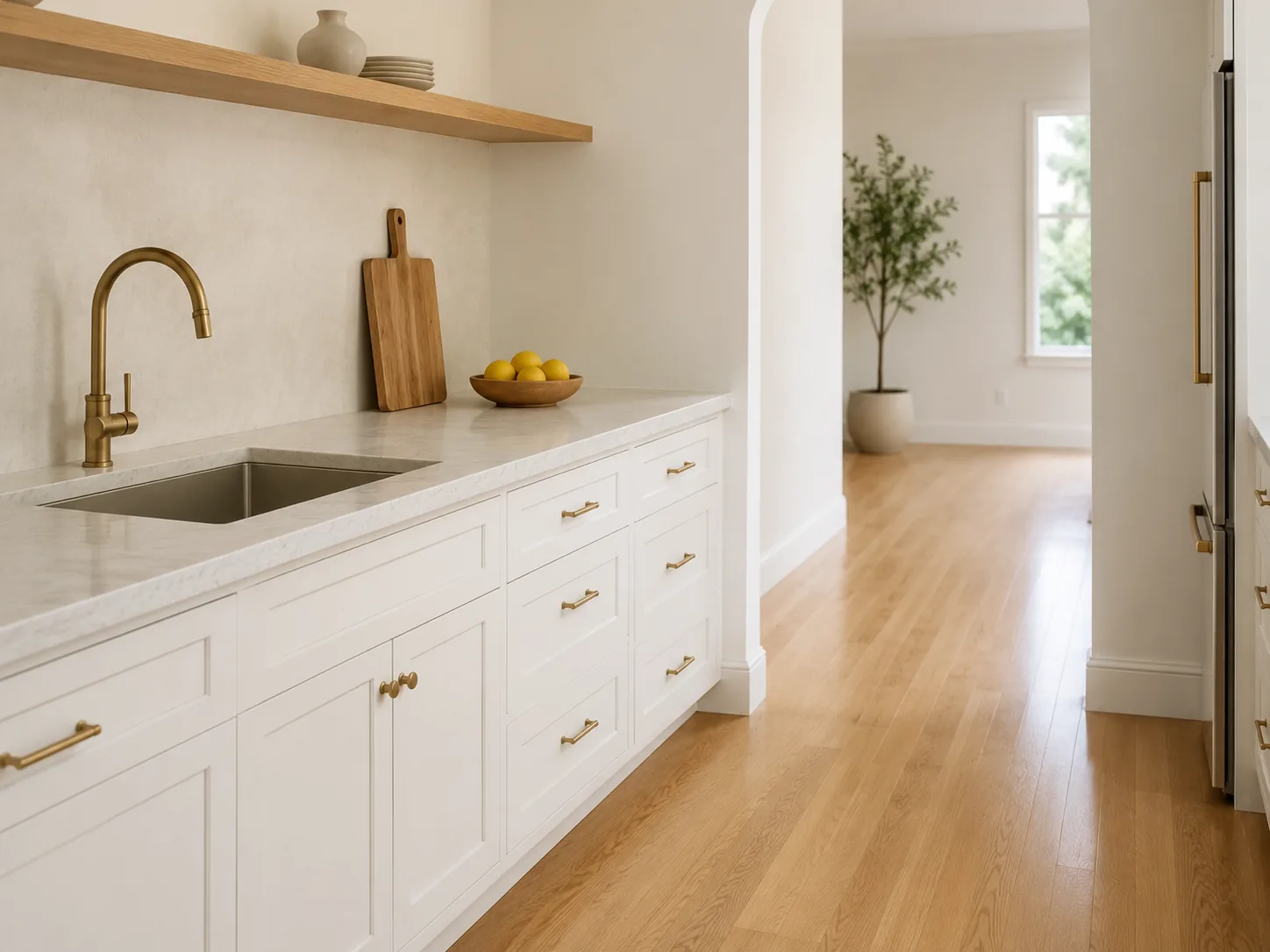 Tidy kitchen counter and clean hardwood floor in a Bay Area home after a recurring cleaning visit
